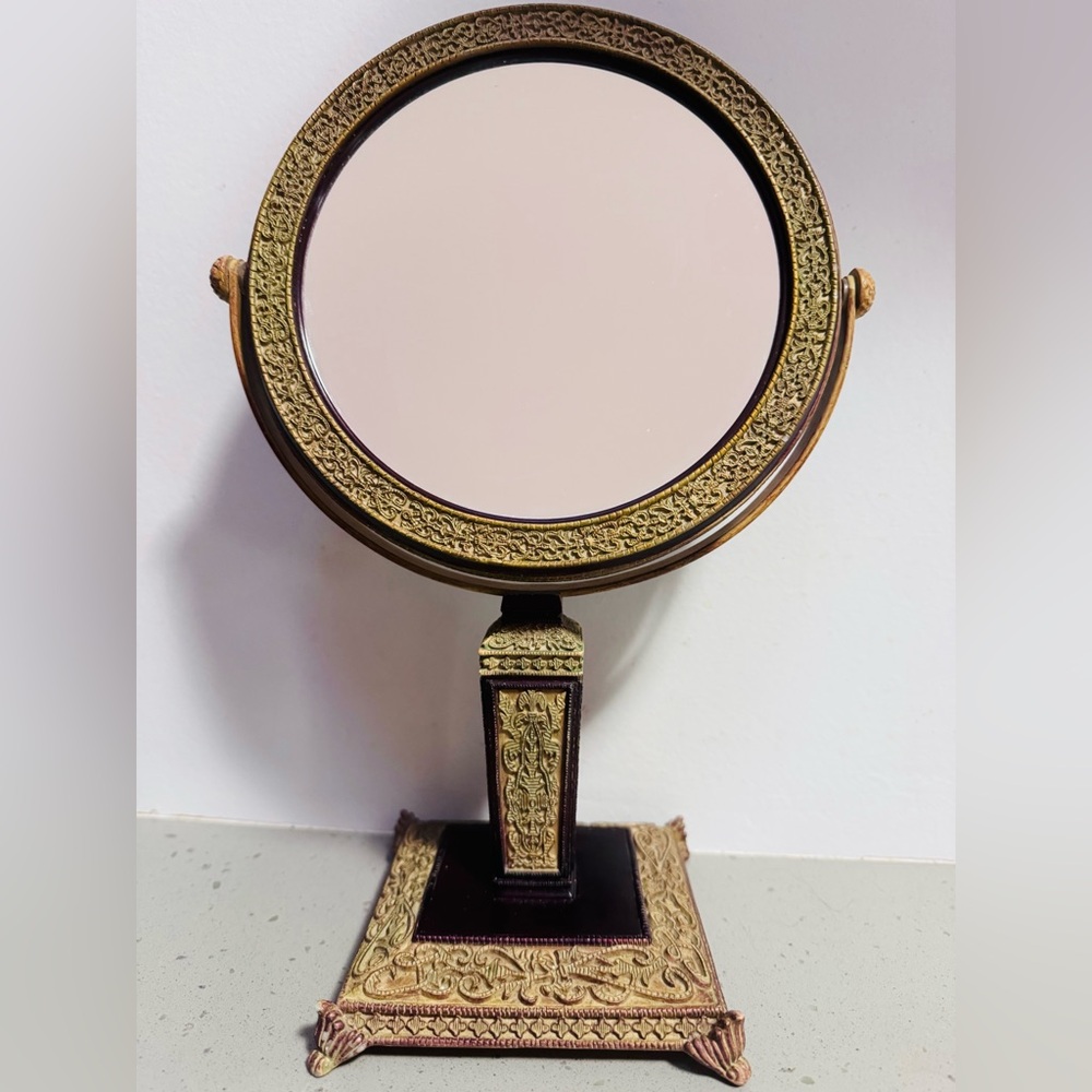 Vintage INDIA INK Rubbed Bronze Makeup Mirror With Stand 2-Sided Swivel 1X-5X